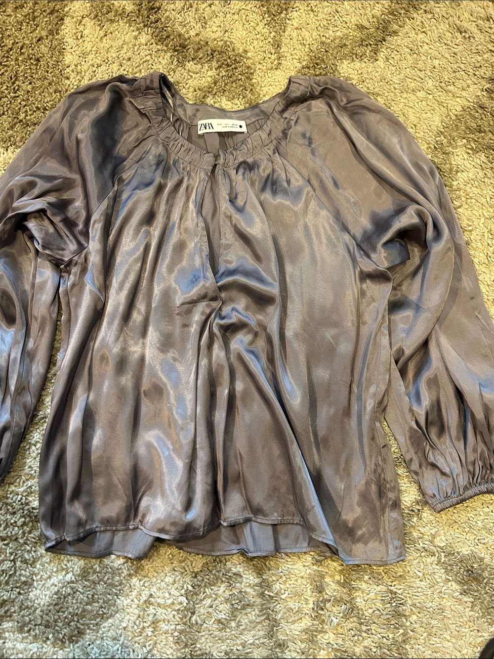 Zara Shimmery Taupe Long-Sleeve Satin Blouse